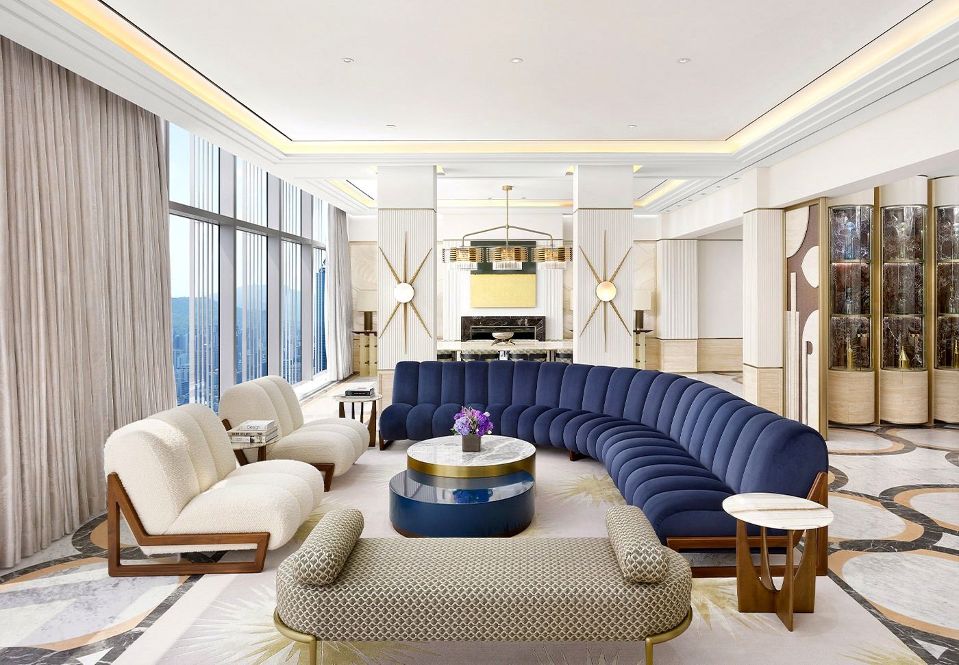 Lounge contemporâneo do Josun Palace em tons de azul e marfim