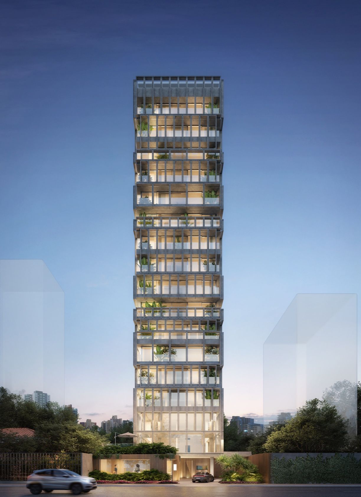 Fachada do edifício Ritmo Itaim ao entardecer