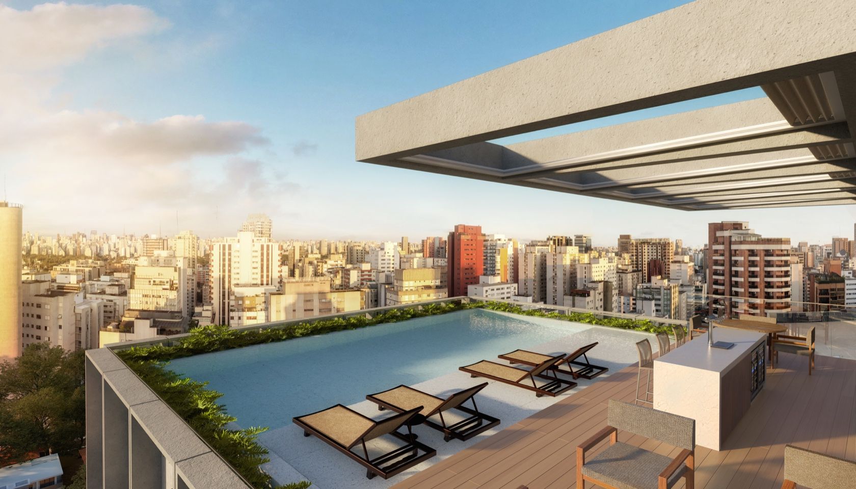 Piscina no rooftop do Ritmo Itaim com vista para São Paulo