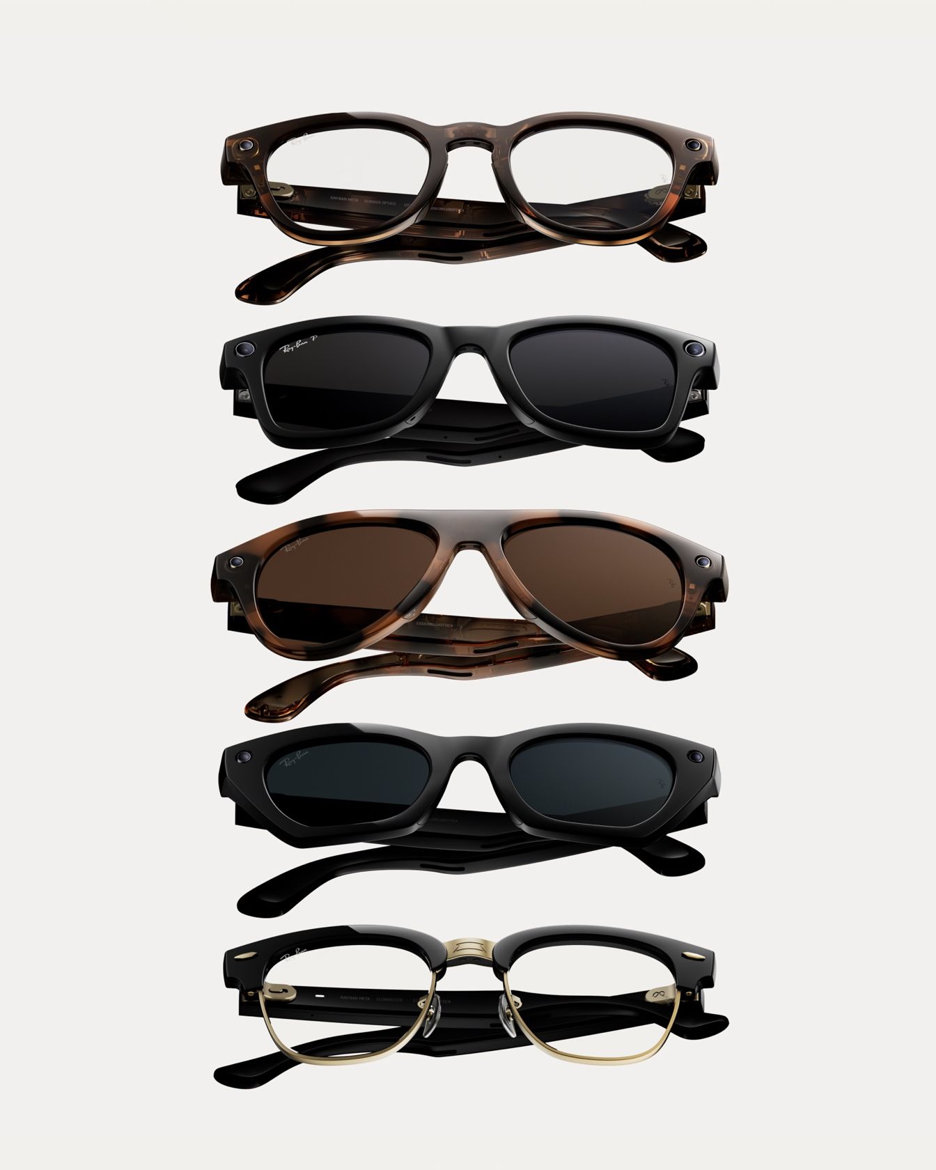 Cinco modelos da nova coleção Ray-Ban Meta vistos de frente