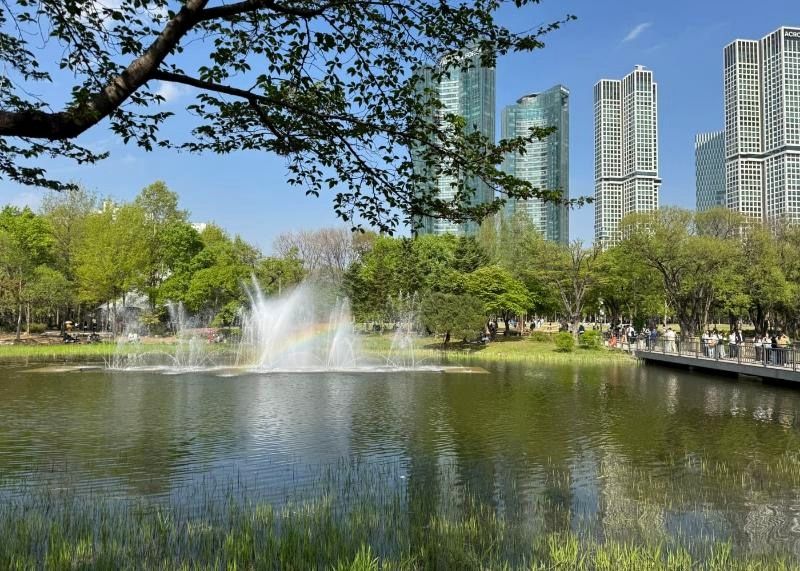 Lago, fonte e skyline no Seoul Forest