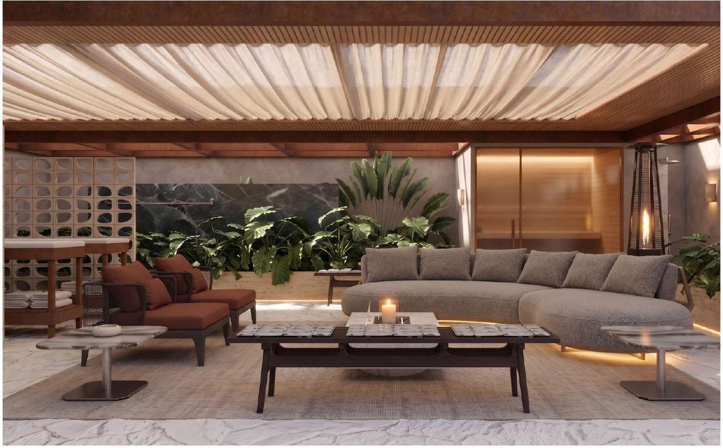Lounge de recovery da Six Belvedere com sauna e paisagismo interno