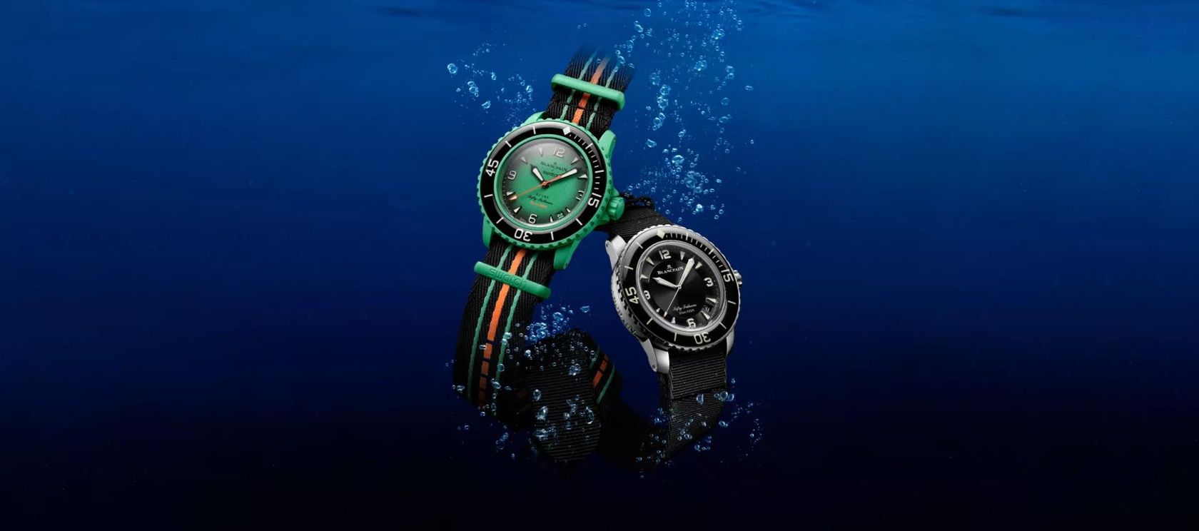 Relógios Bioceramic Scuba Fifty Fathoms submersos no oceano