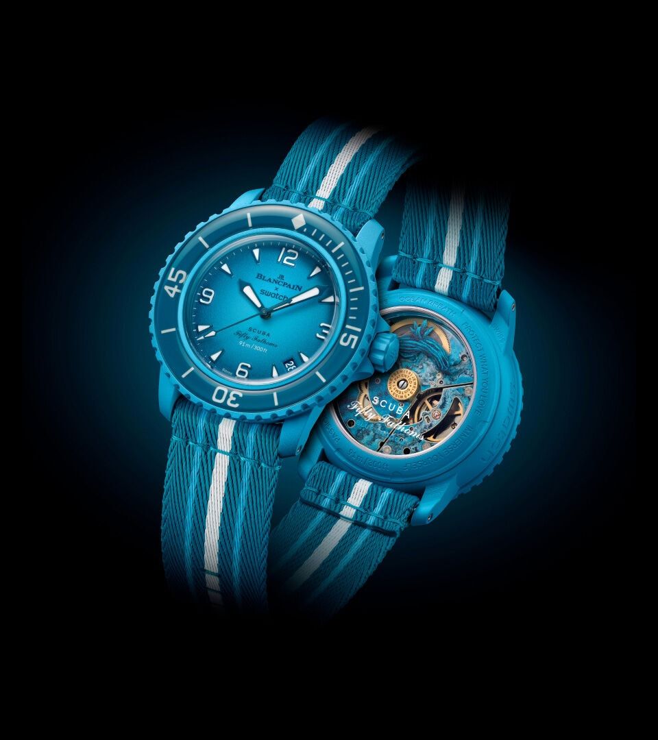 Modelo azul Blue Lagoon da coleção Blancpain X Swatch