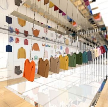 Instalação LifeWear com peças suspensas no interior da UNIQLO Ginza